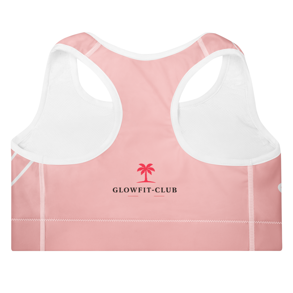 Brassière de sport rose rembourrée, vue dos, logo Glowfit-Club et bretelles nageur blanches