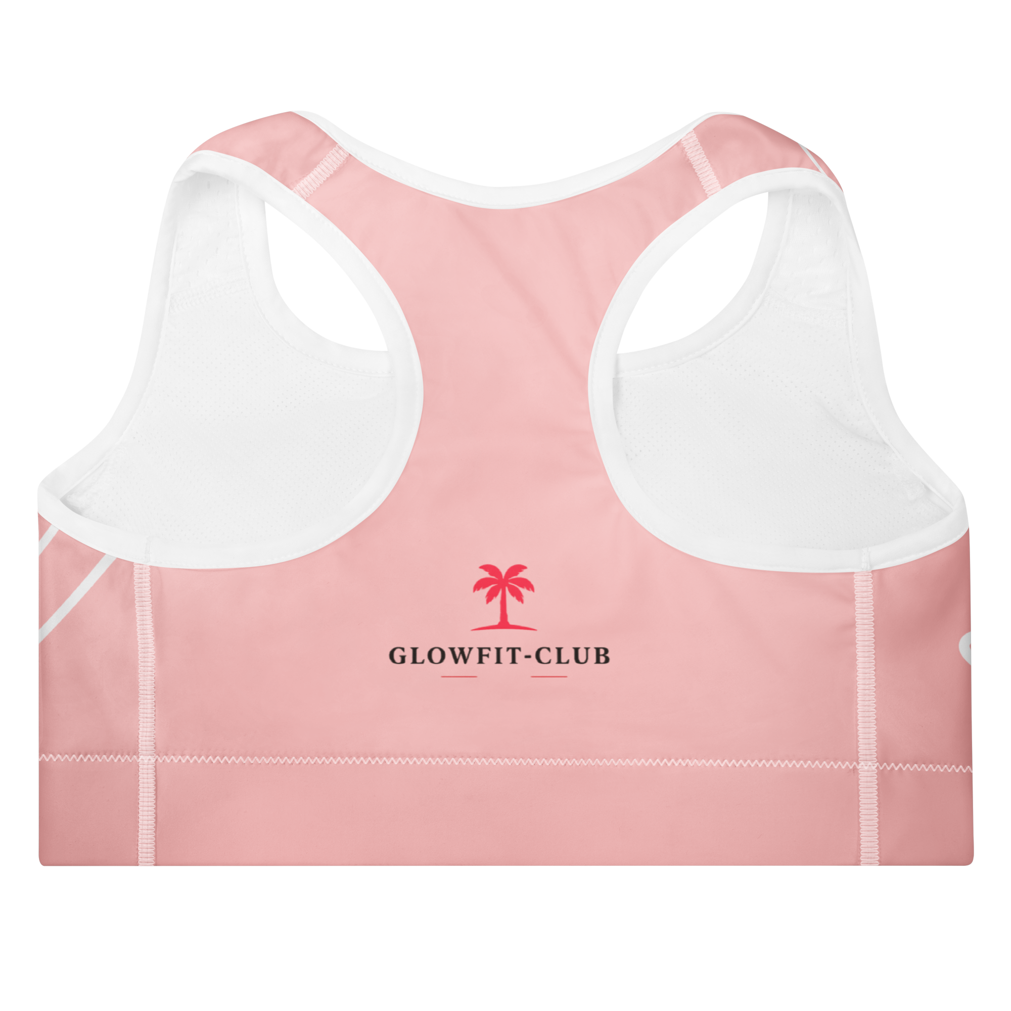 Brassière de sport rose rembourrée, vue dos, logo Glowfit-Club et bretelles nageur blanches