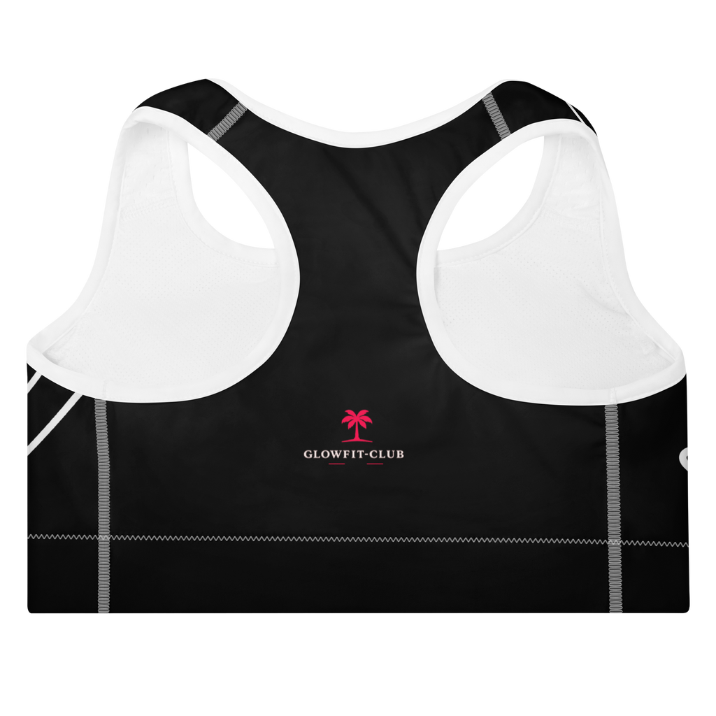 Brassière de sport rembourrée noire avec logo GLOWFIT-CLUB, liserés blancs et empiècement clair.