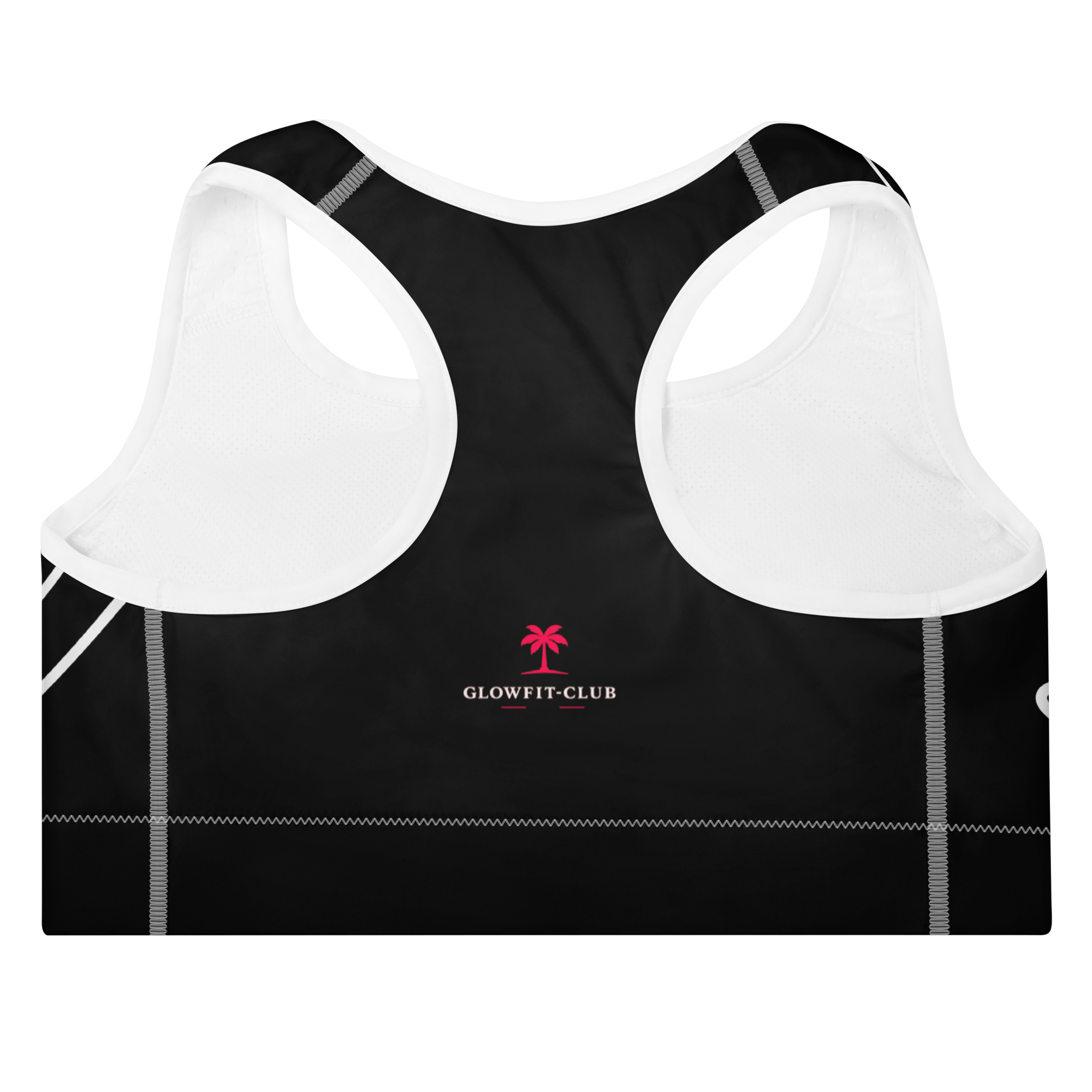 Brassière de sport rembourrée noire avec logo GLOWFIT-CLUB, liserés blancs et empiècement clair.