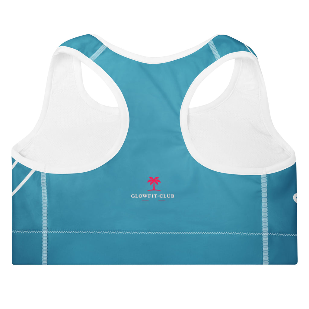 Brassière de sport rembourrée turquoise vue dos, bretelles, logo GLOWFIT-CLUB