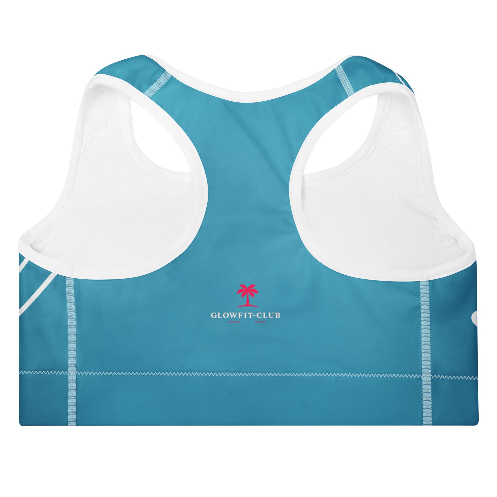 Brassière de sport rembourrée turquoise vue dos, bretelles, logo GLOWFIT-CLUB