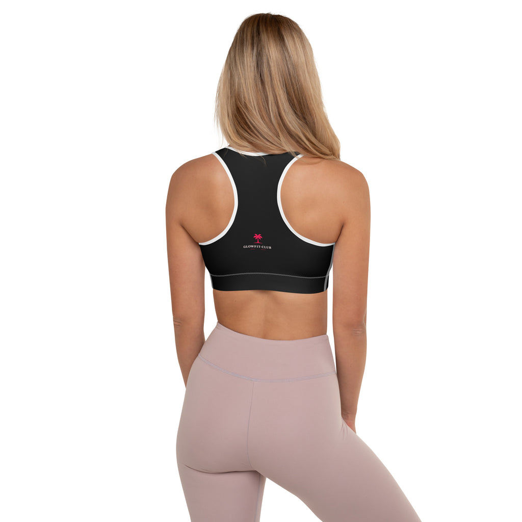 Brassière de sport rembourrée noire, dos nageur, logo discret, bretelles blanches