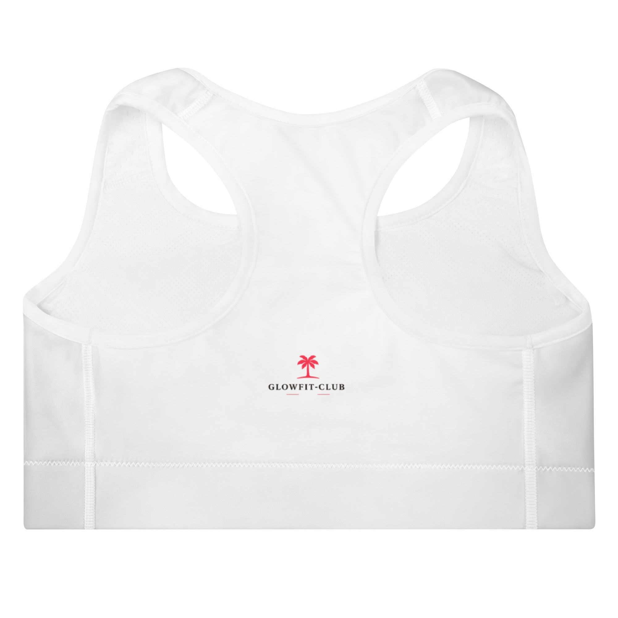 Brassière sport blanche rembourrée, logo GLOWFITCLUB, coutures verticales.