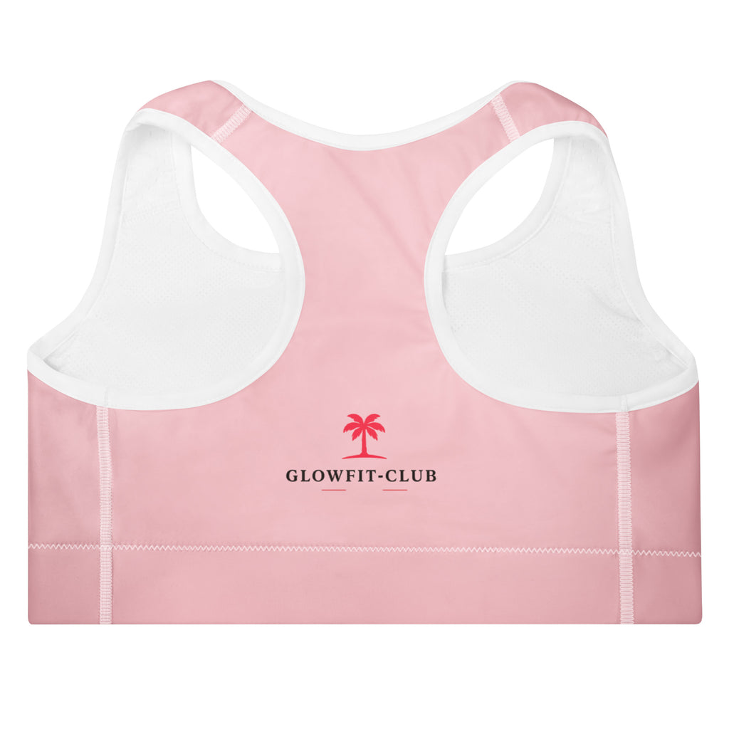 Brassière de sport rembourrée rose avec logo GLOWFIT-CLUB et palmier, bords blancs