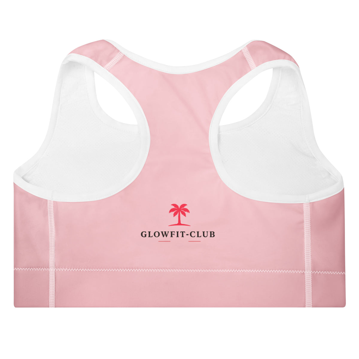 Brassière de sport rembourrée rose avec logo GLOWFIT-CLUB et palmier, bords blancs