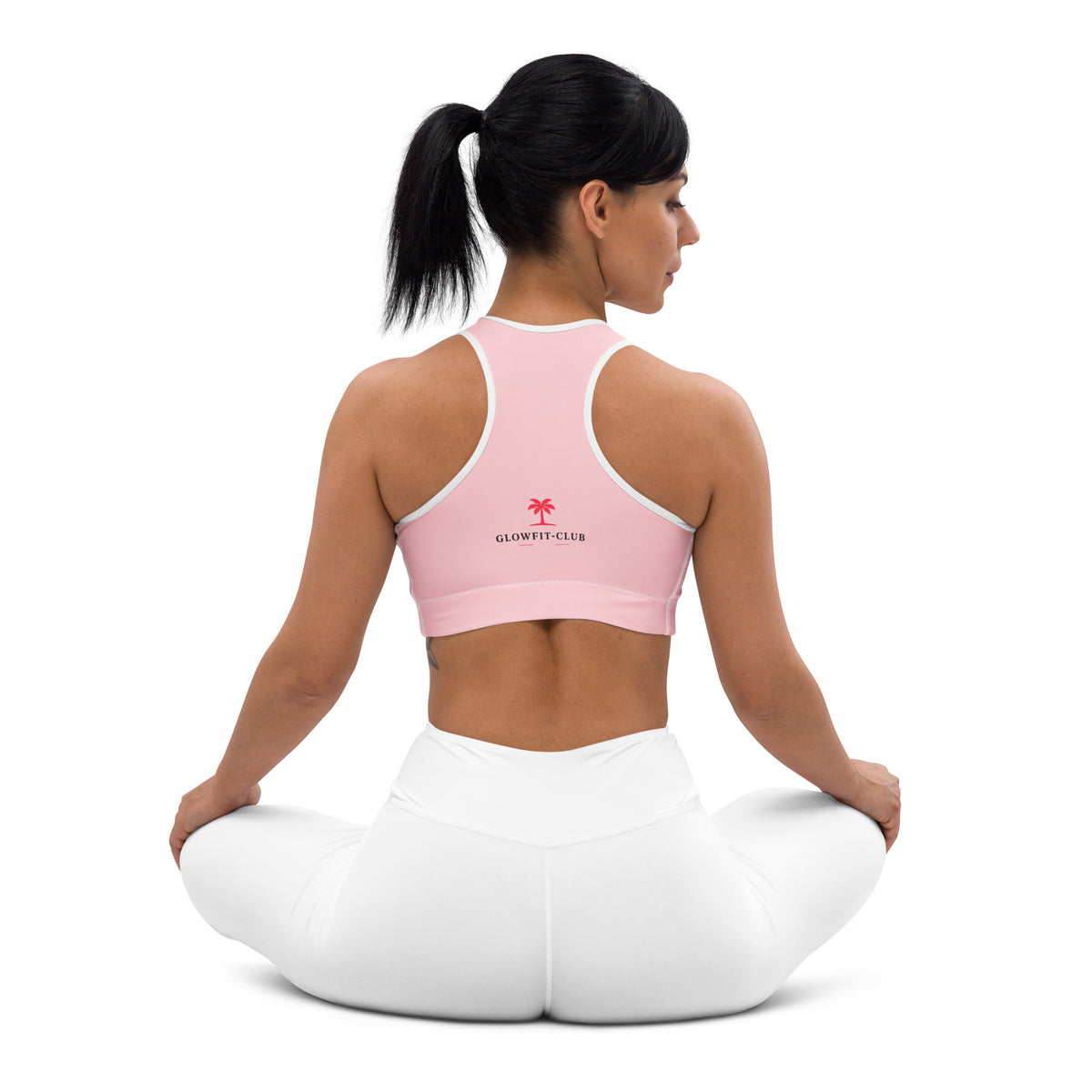 Brassière de sport rembourrée rose, dos nageur avec logo GLOWFIT-CLUB, bords blancs