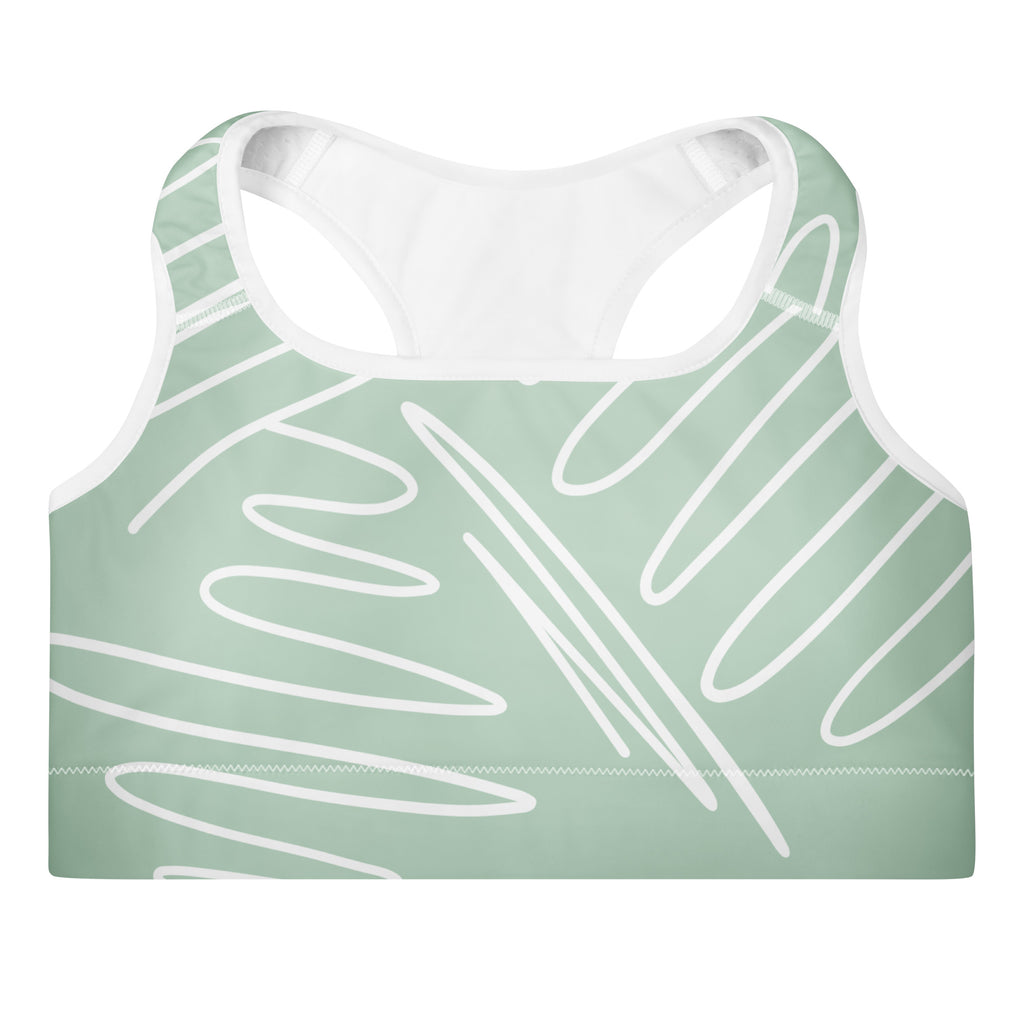 Brassière de sport rembourrée vert menthe, tissu motif abstrait blanc.