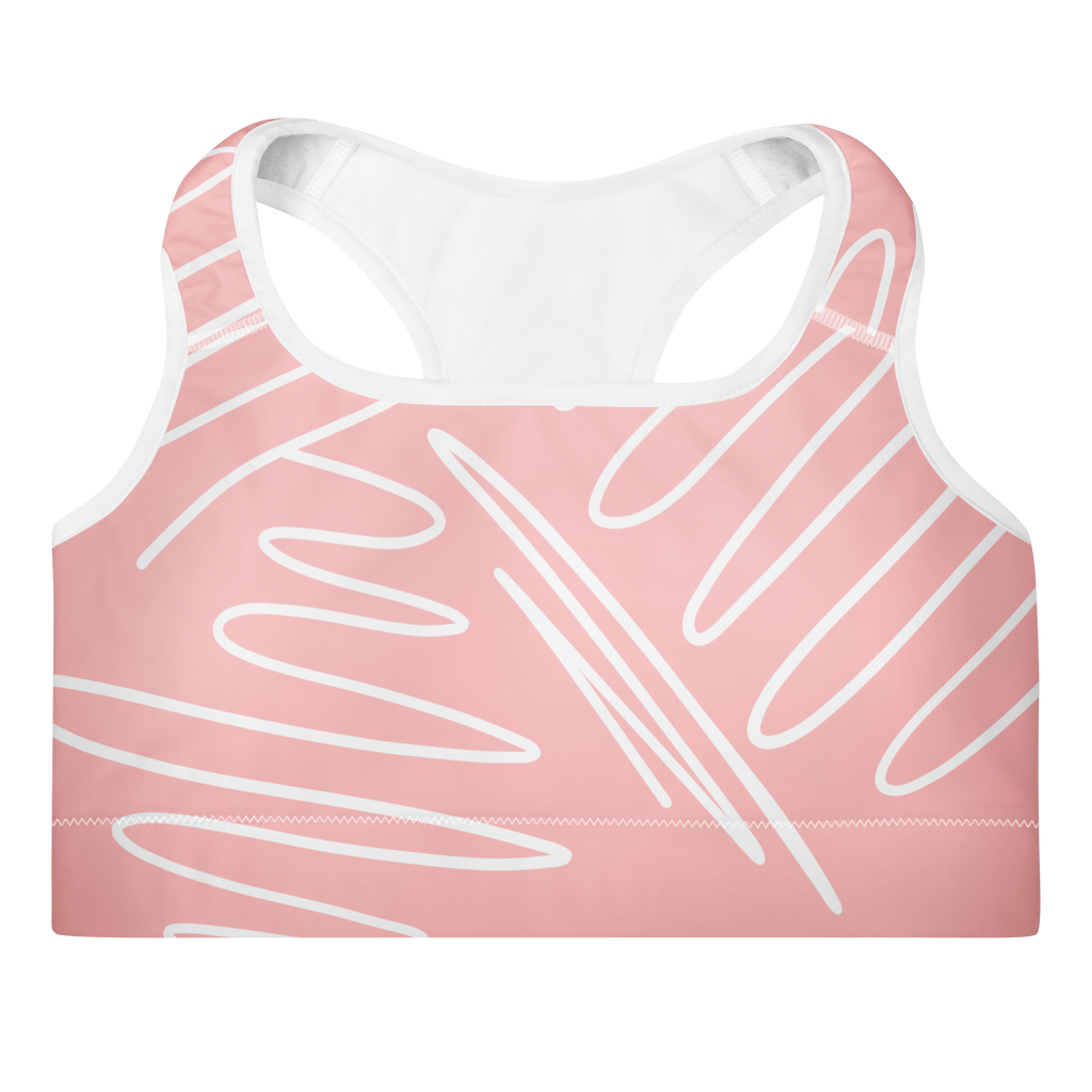 Brassière de sport rose rembourrée, motif blanc, encolure dos nageur, emmanchures blanches