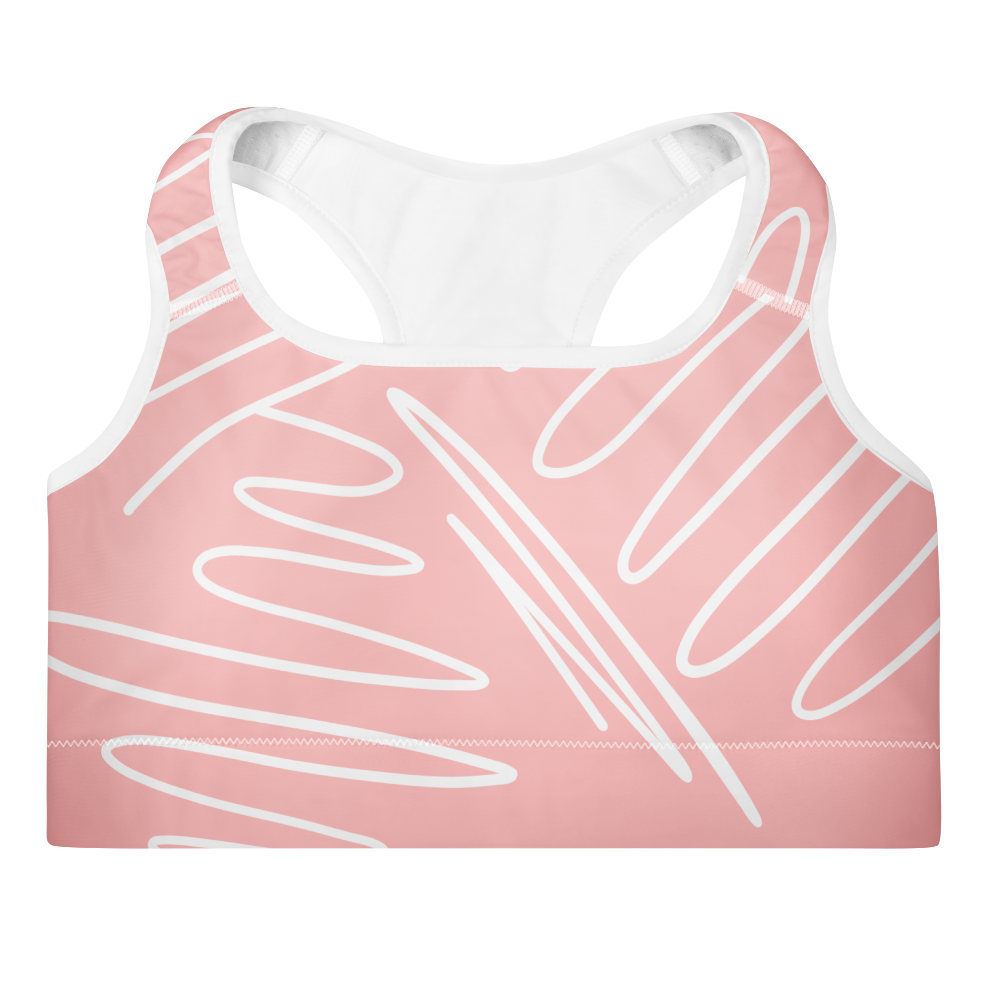 Brassière de sport rose rembourrée, motif blanc, encolure dos nageur, emmanchures blanches