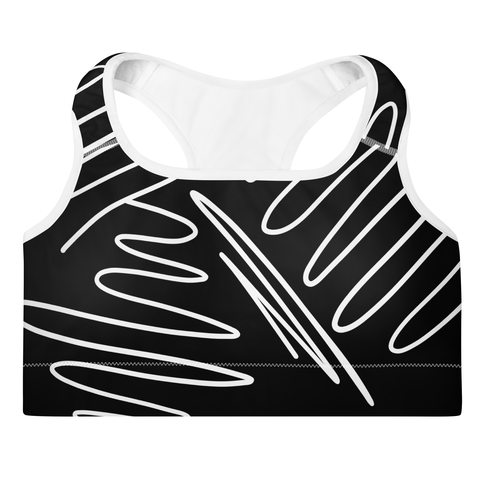 Brassière de sport rembourrée noire à encolure arrondie, liserés blancs et motifs blancs.