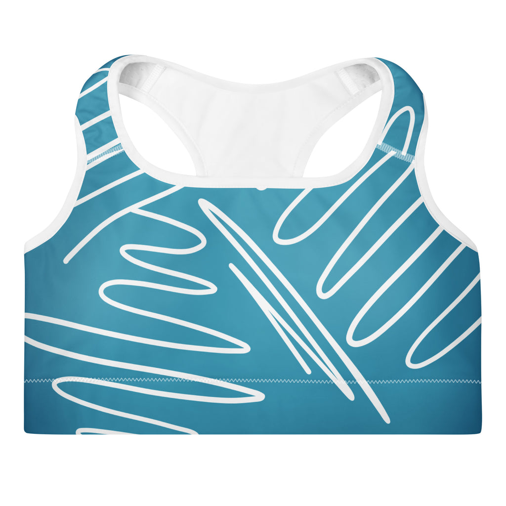 Brassière de sport rembourrée turquoise à motifs blancs, encolure échancrée