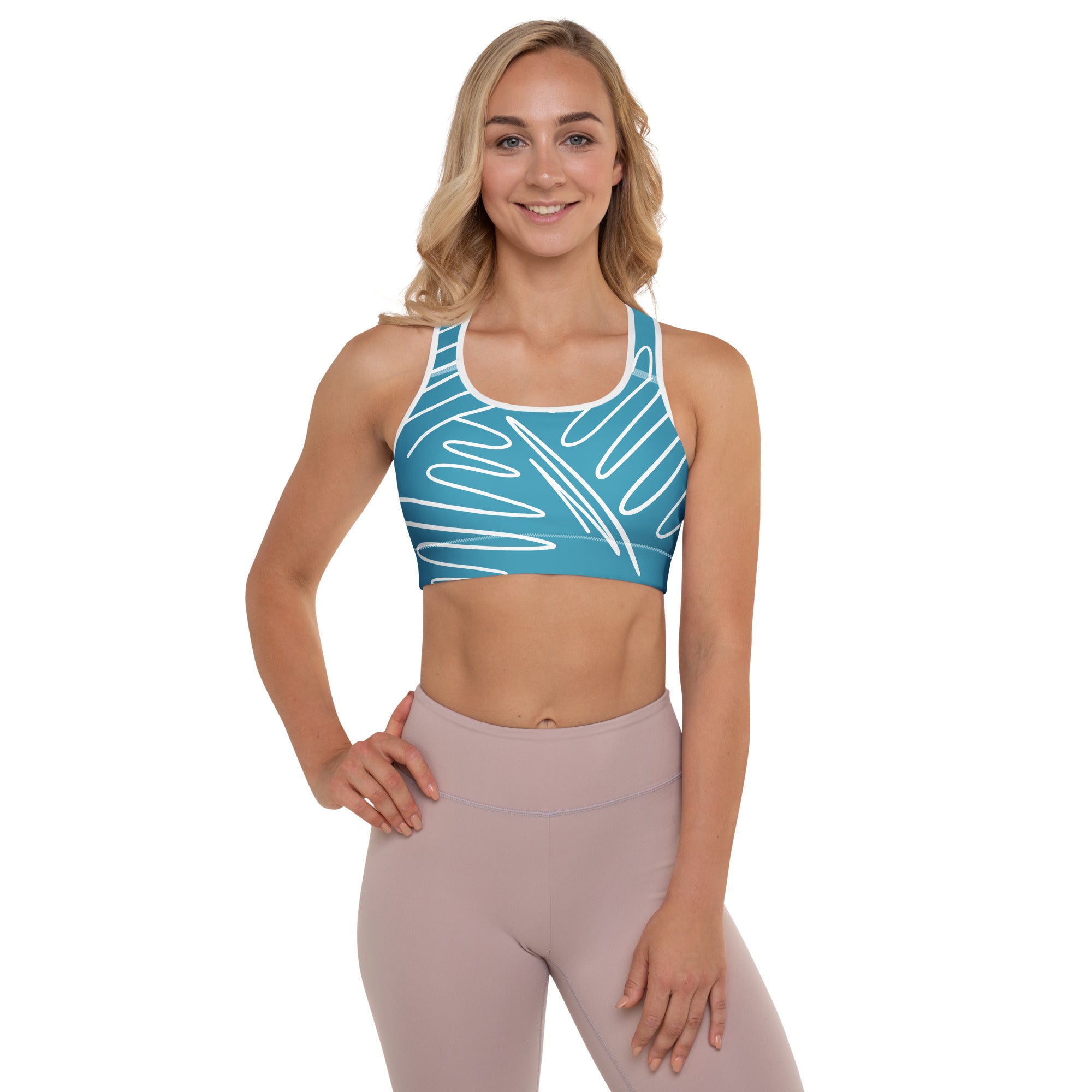 Brassière de sport rembourrée bleue à bretelles croisées, imprimé graphique blanc