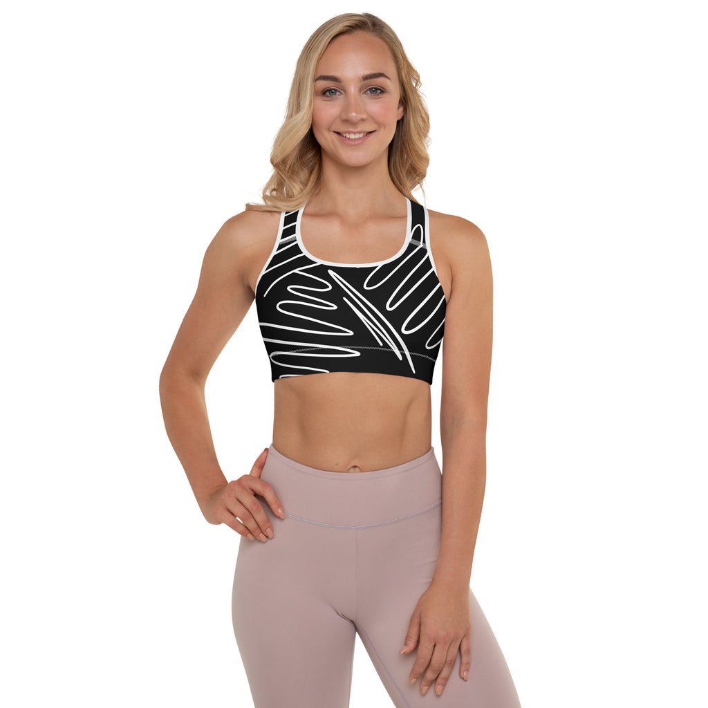 Brassière de sport rembourrée noire, imprimé abstrait blanc, bretelles contrastées