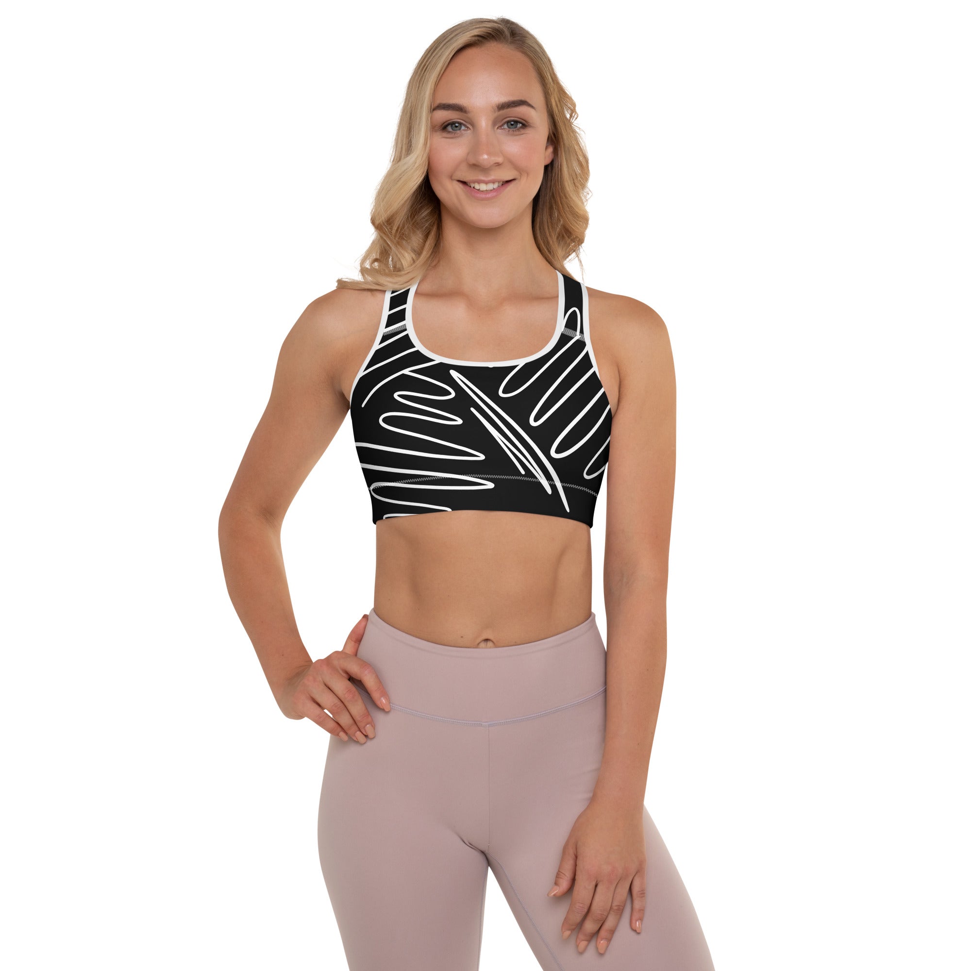 Brassière de sport rembourrée noire, imprimé abstrait blanc, bretelles contrastées