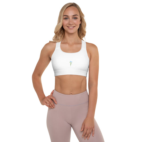 Brassière de sport blanche rembourrée, bretelles larges, logo poitrine.