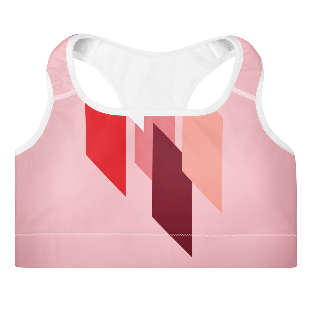 Brassière de sport rembourrée rose à empiècements rouge et noir, bords blancs