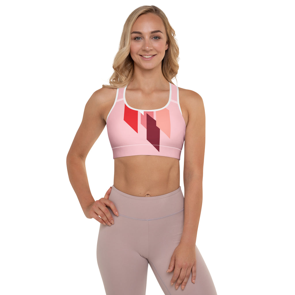 Brassière de sport rembourrée rose à motifs géométriques rouge/noir et bords blancs