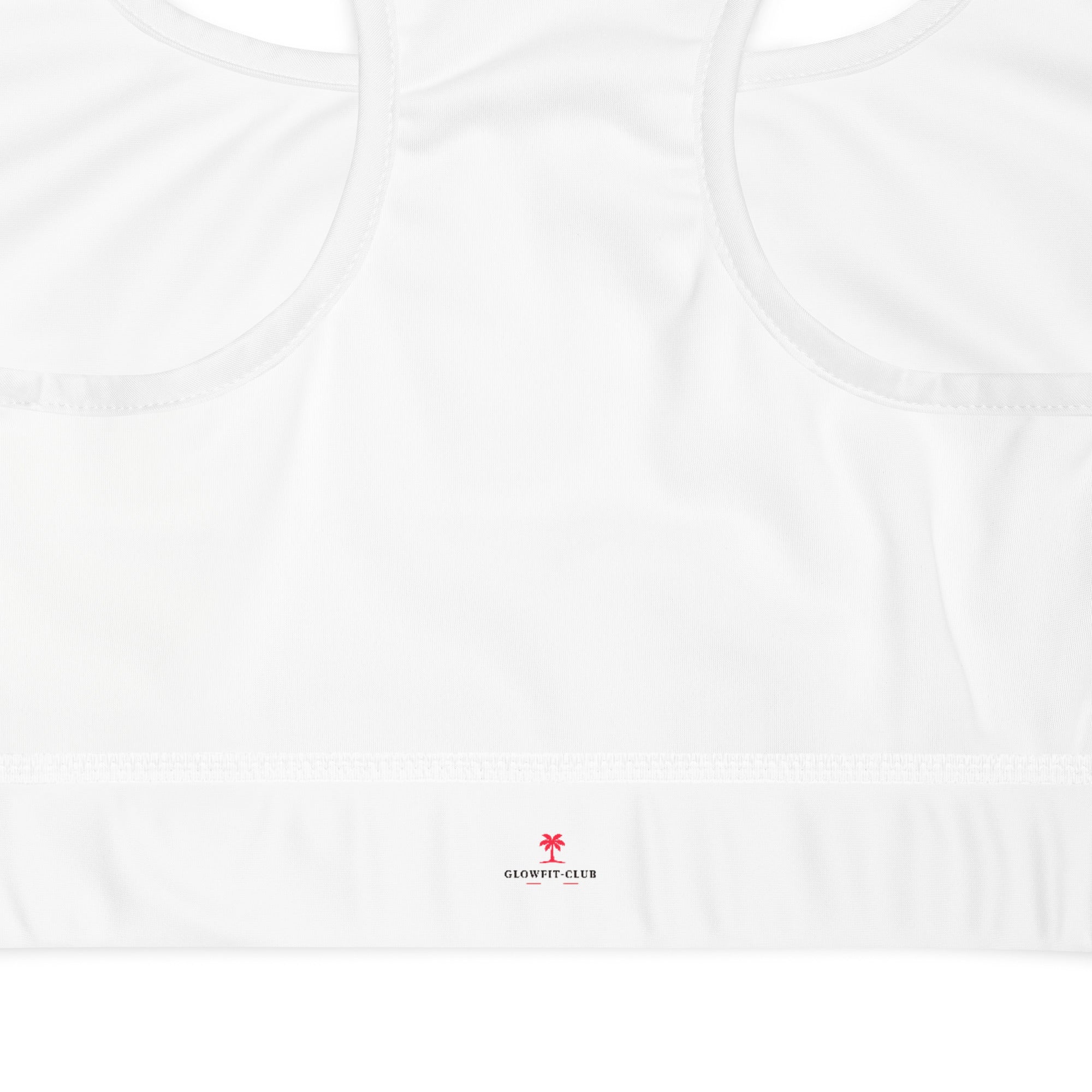 Brassière sport blanche rembourrée, coutures contrastées et petit logo GLOWFITCLUB.