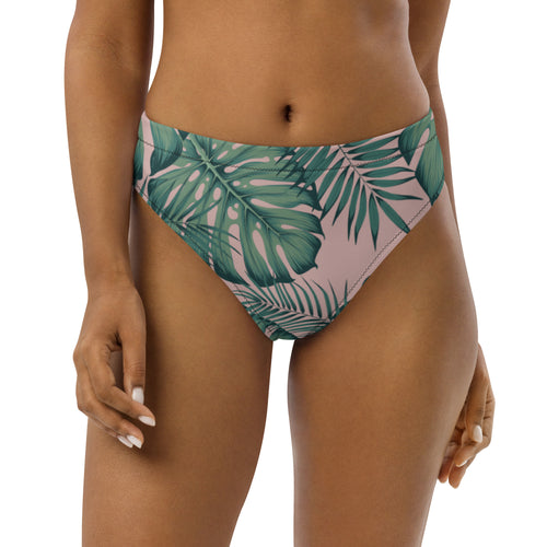 Bas de bikini taille haute à motif feuilles vertes sur fond rose clair