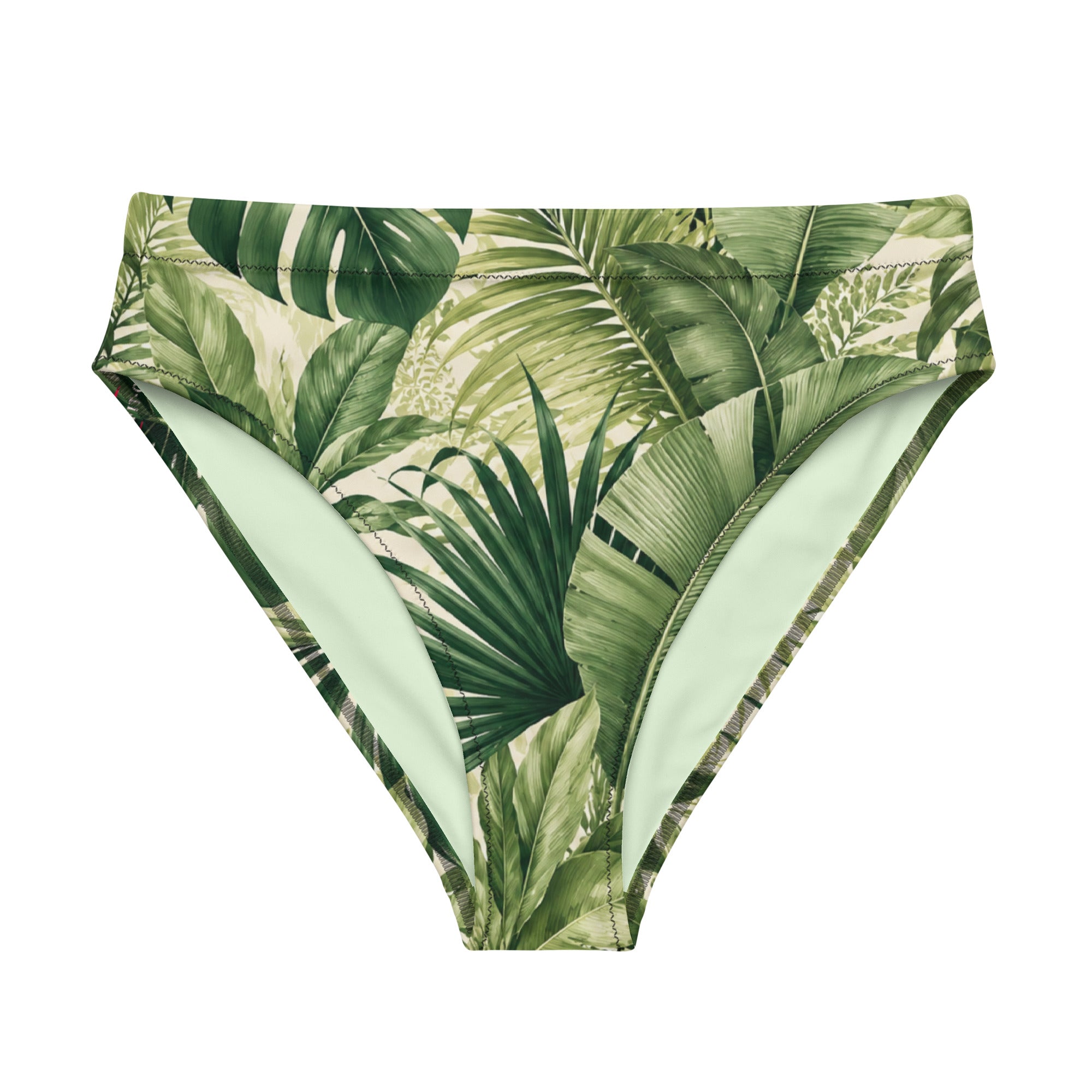 Bas de bikini taille haute à imprimé feuilles de jungle vert sur fond clair