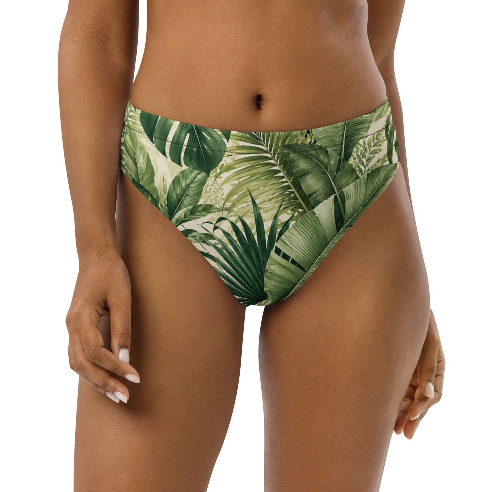 Bas de bikini imprimé feuilles de jungle vert sur fond clair, taille haute