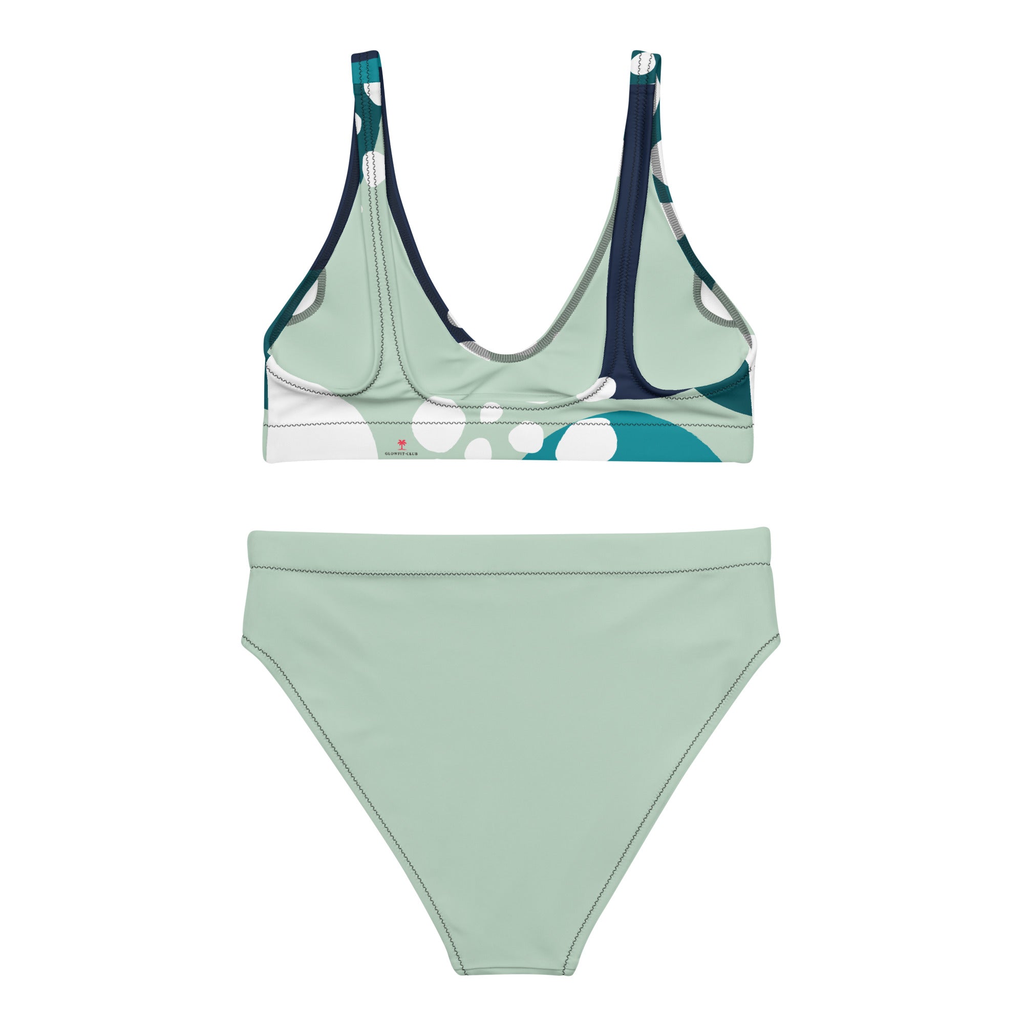Ensemble bikini deux pièces : haut à bretelles larges vert et bleu marine, culotte verte unie.