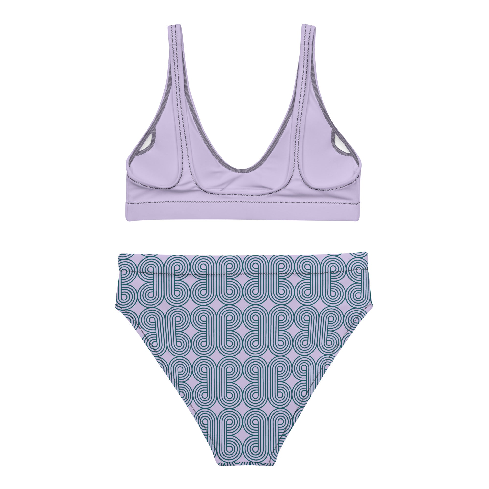 Ensemble de bikini: haut lilas à coutures et bas bleu à motifs courbes