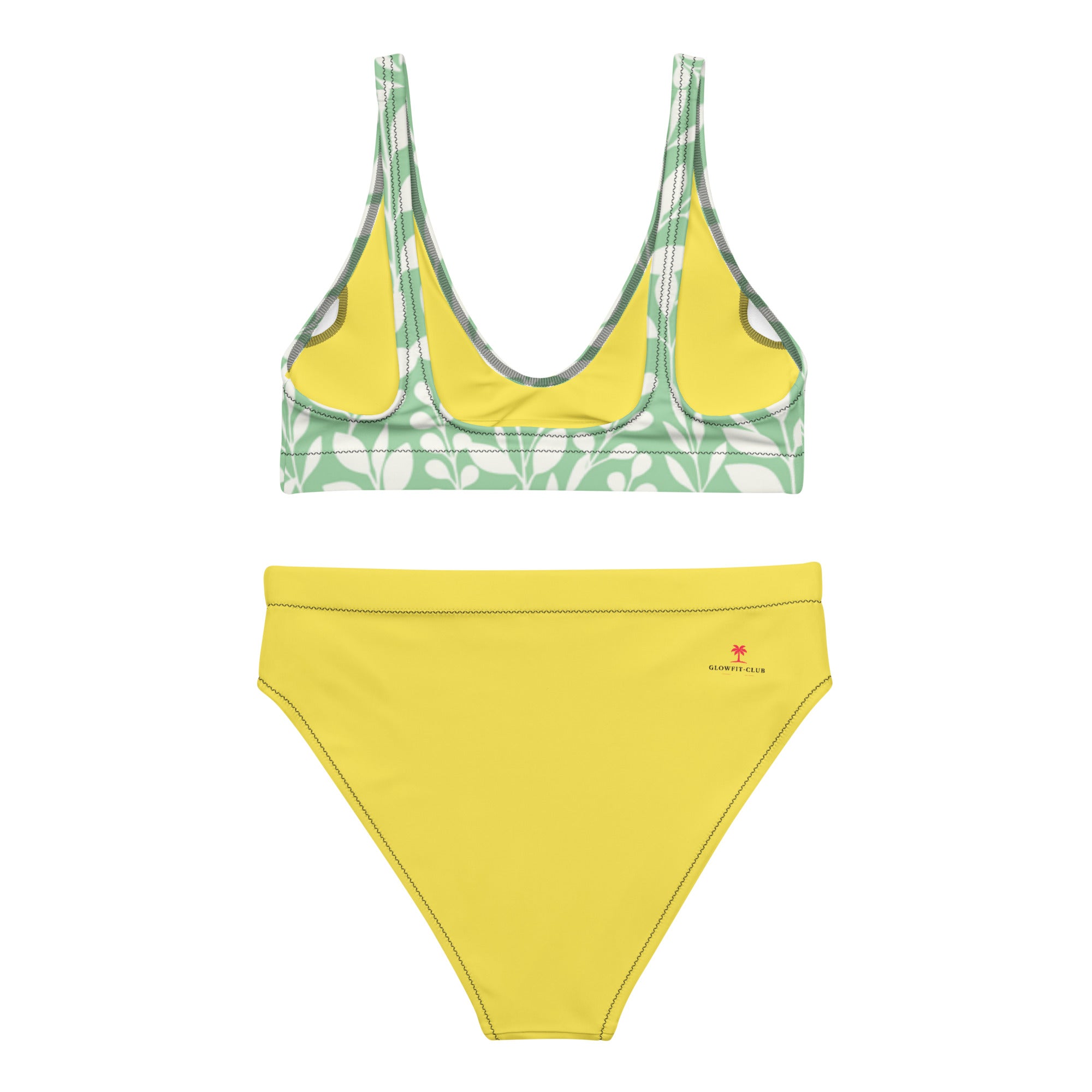 Haut de bikini vert à bretelles fines, bas jaune à logo discret.