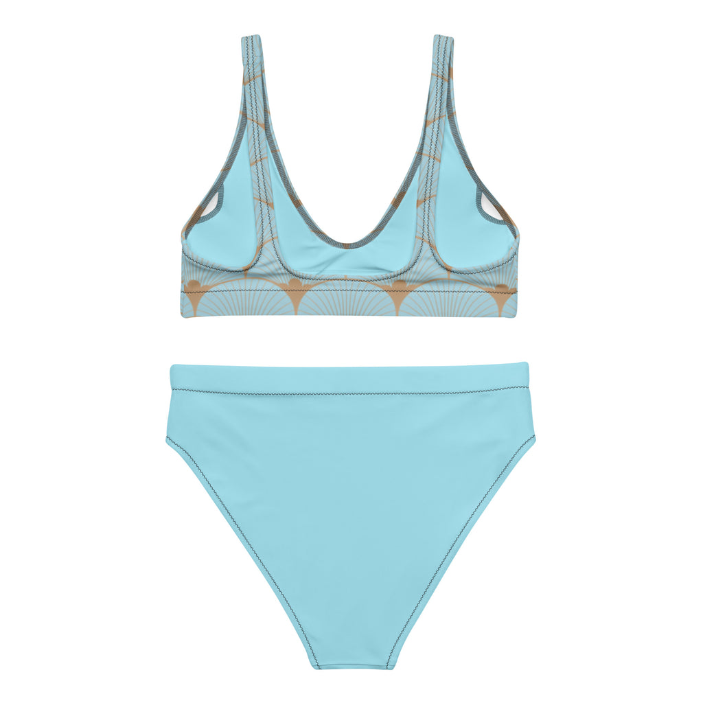 Ensemble bikini turquoise : haut à motif art déco et bas taille haute, vue de face