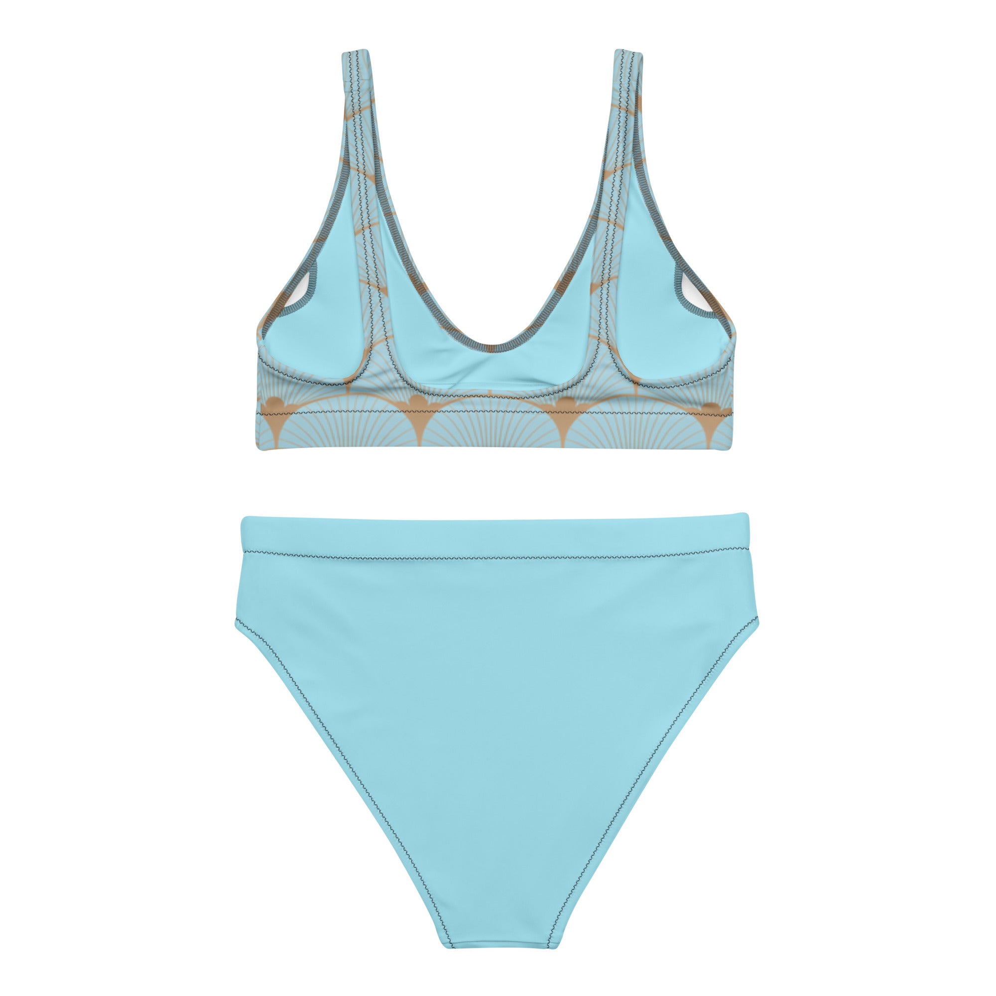 Ensemble bikini turquoise : haut à motif art déco et bas taille haute, vue de face