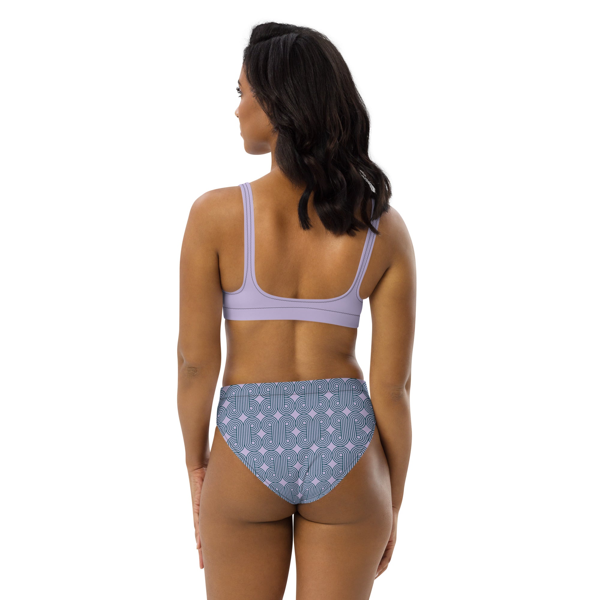 Ensemble de bikini: haut lilas et bas bleu à motifs, vue arrière