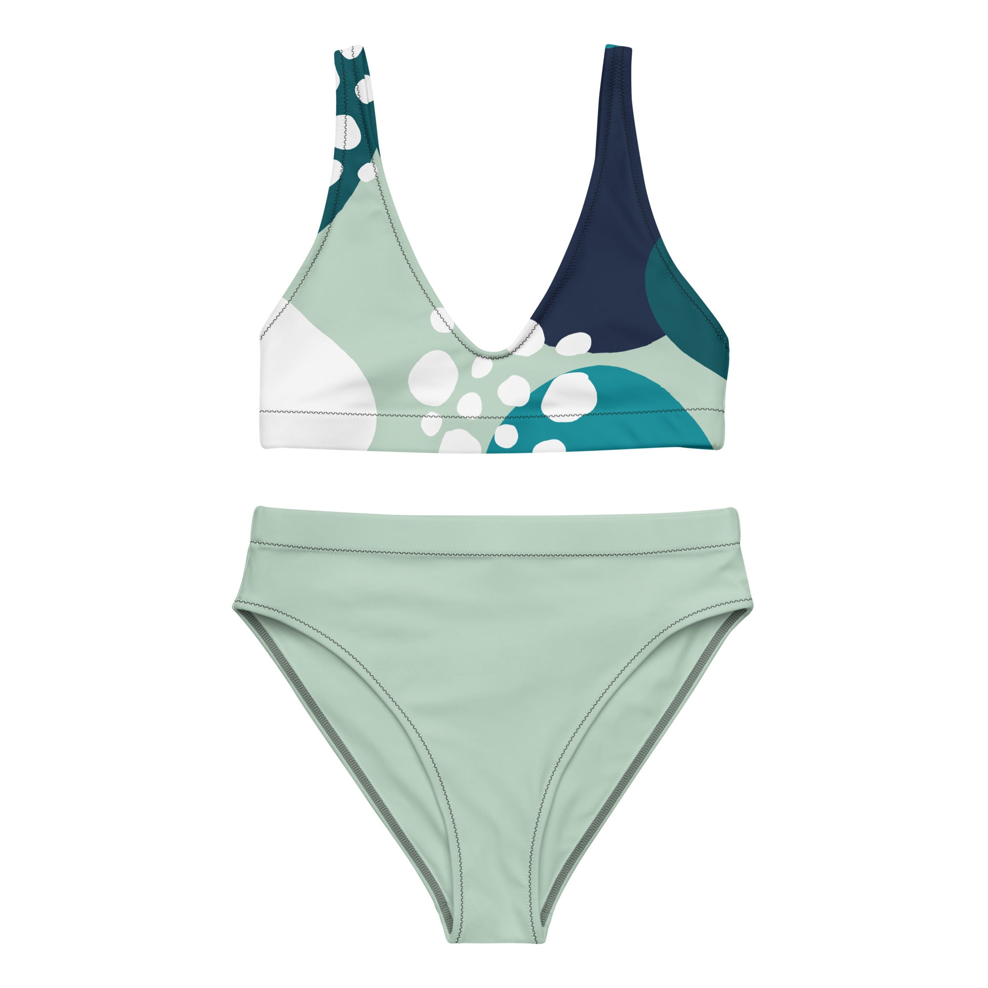 Ensemble bikini deux pièces : haut triangle sans armatures, rayures vertes et bleu marine, culotte taille haute.