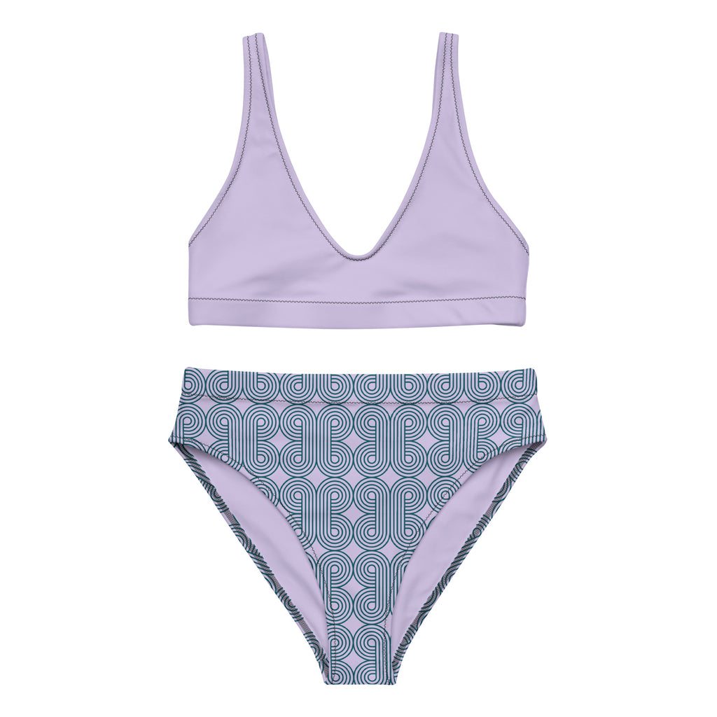 Ensemble de bikini: haut lilas uni et bas taille haute bleu à motifs graphiques
