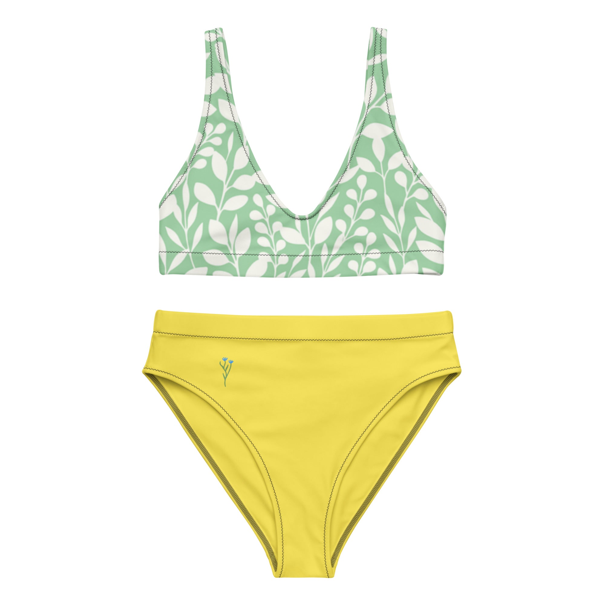 Haut de bikini vert à motif feuilles et bas taille haute jaune.