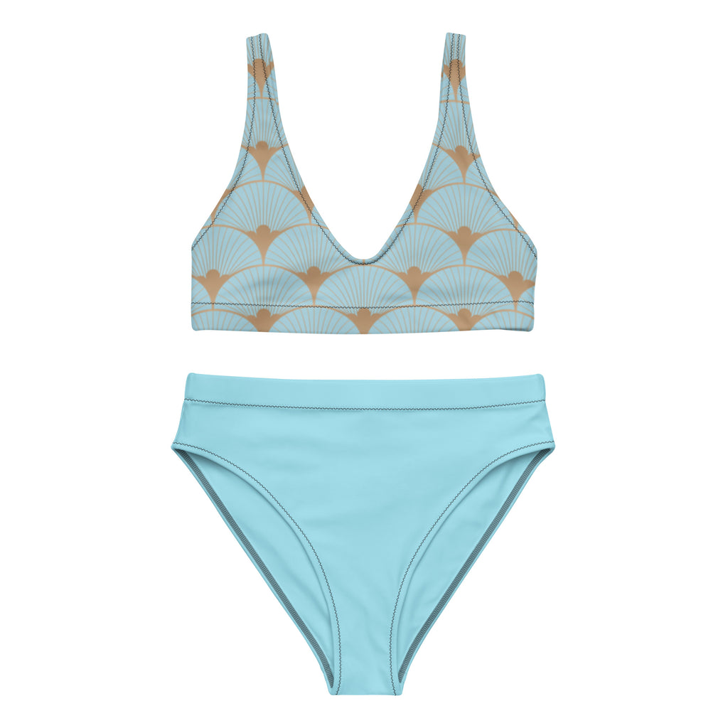 Haut de bikini turquoise à motif art déco coquillages, bretelles larges, vue de face