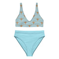 Haut de bikini turquoise à motif art déco coquillages, bretelles larges, vue de face
