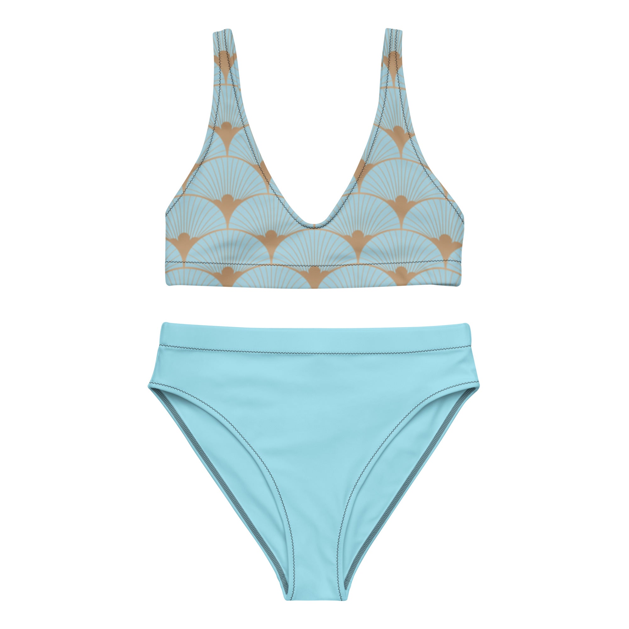 Haut de bikini turquoise à motif art déco coquillages, bretelles larges, vue de face