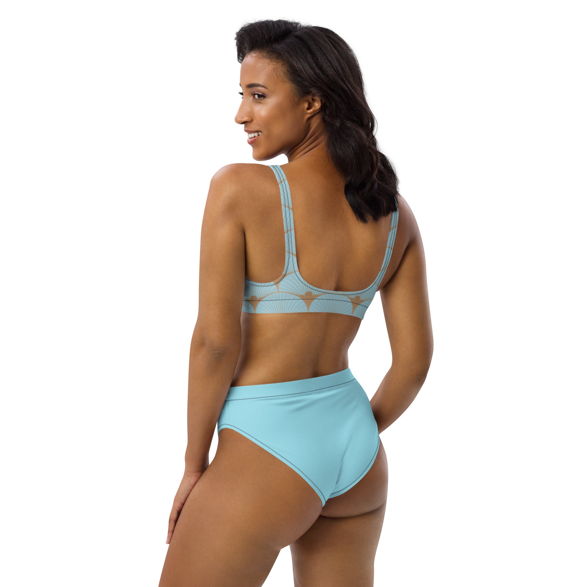 Bikini turquoise à motif art déco, top brassière et culotte taille haute, profil