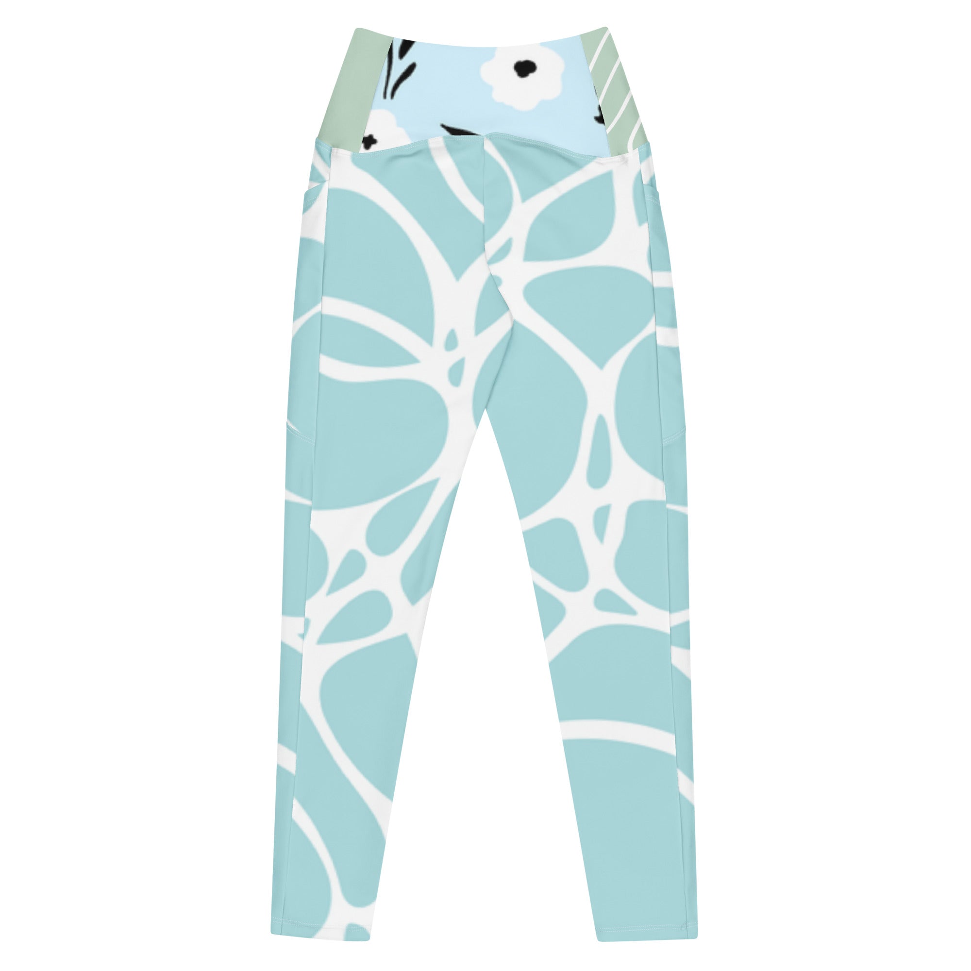 Leggings bleu aqua à motif blanc abstrait, taille haute et coupe près du corps.