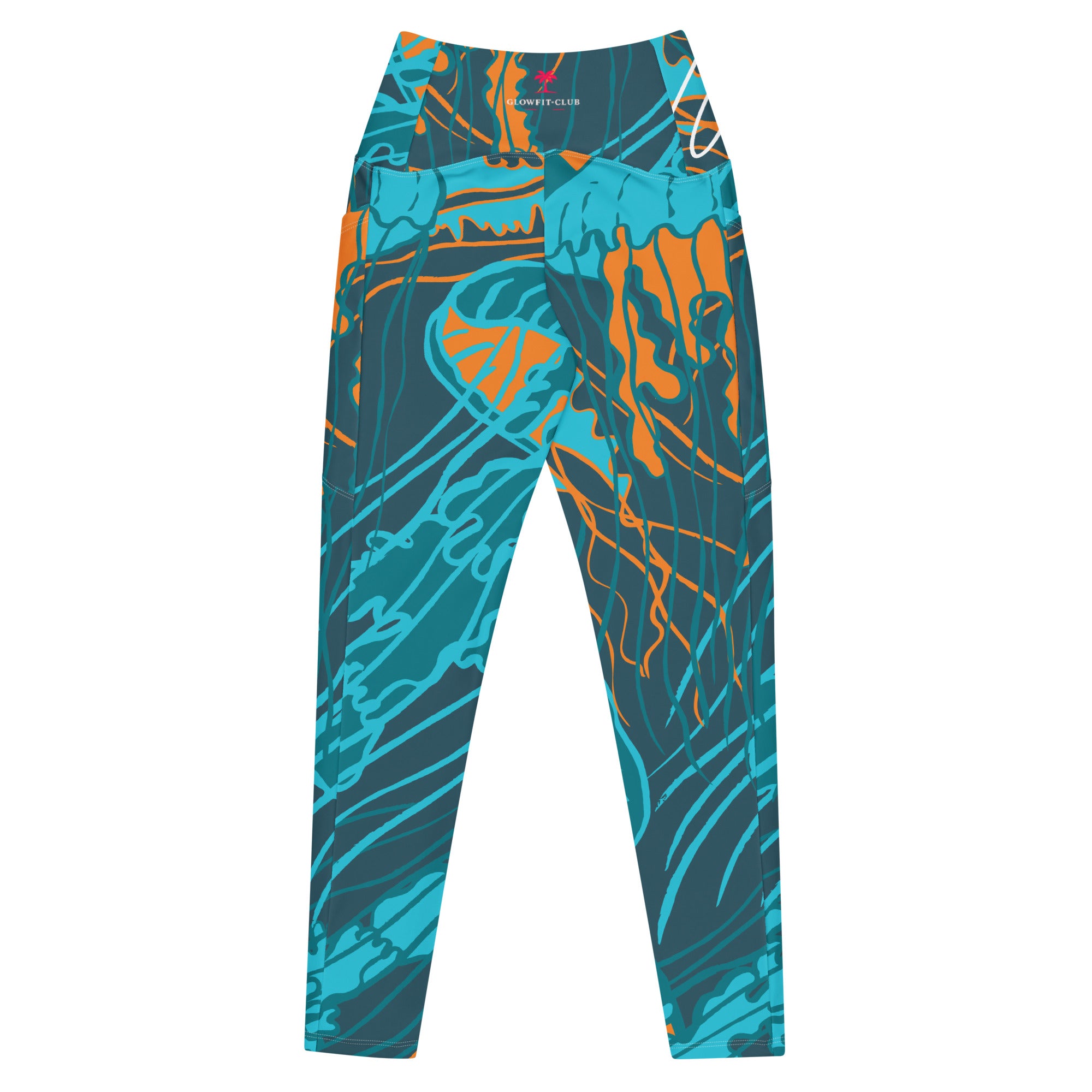 Leggings taille haute à poches latérales, motif abstrait bleu turquoise et orange