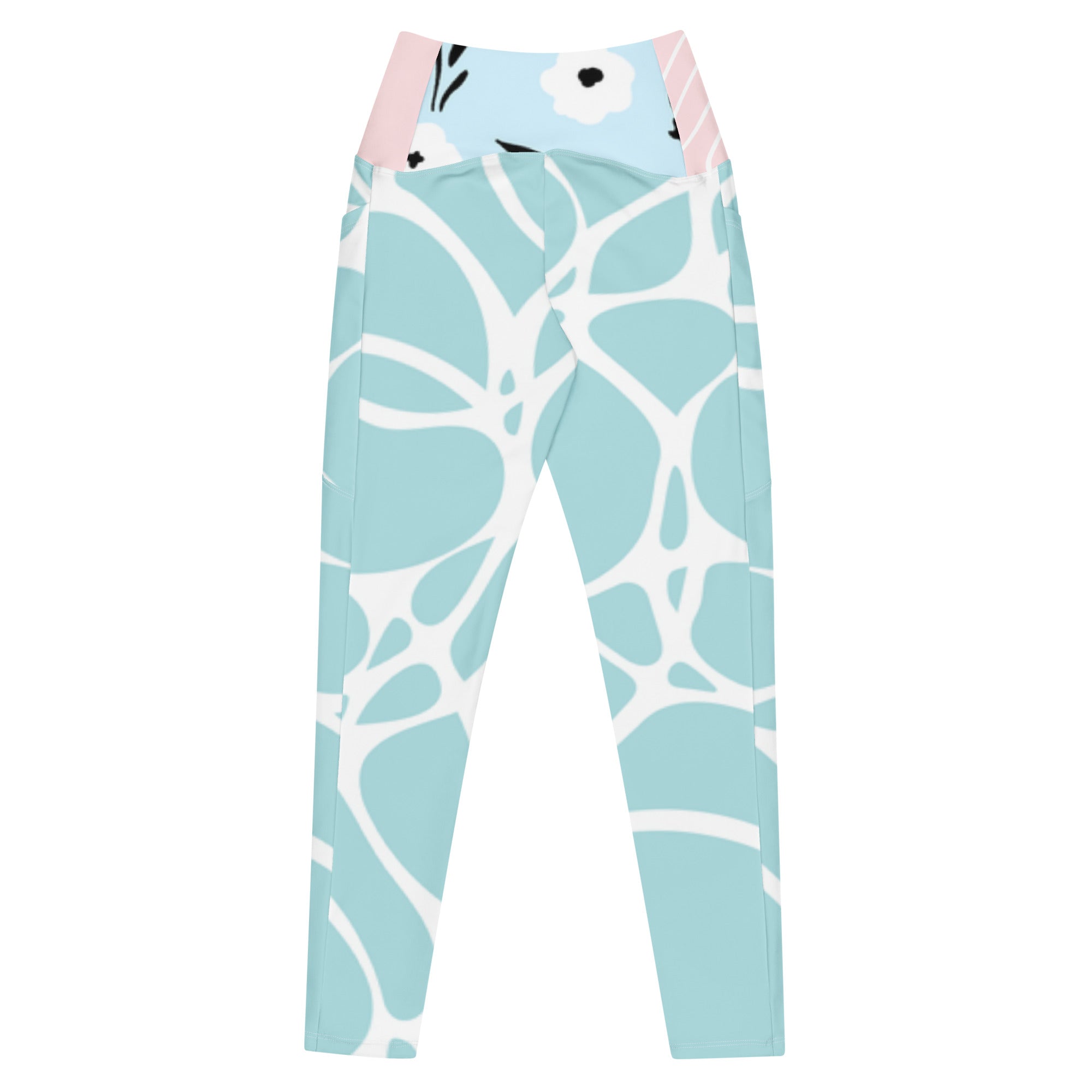 Leggings AQUA PINK turquoise à motif abstrait blanc, ceinture rose