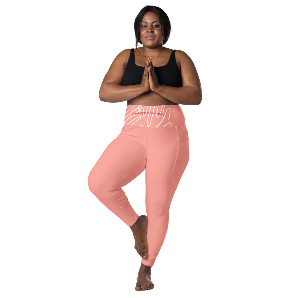 Leggings avec poches SWEET BABY GRAFITTI, rose, vue de face, motif graffiti, genoux visibles.