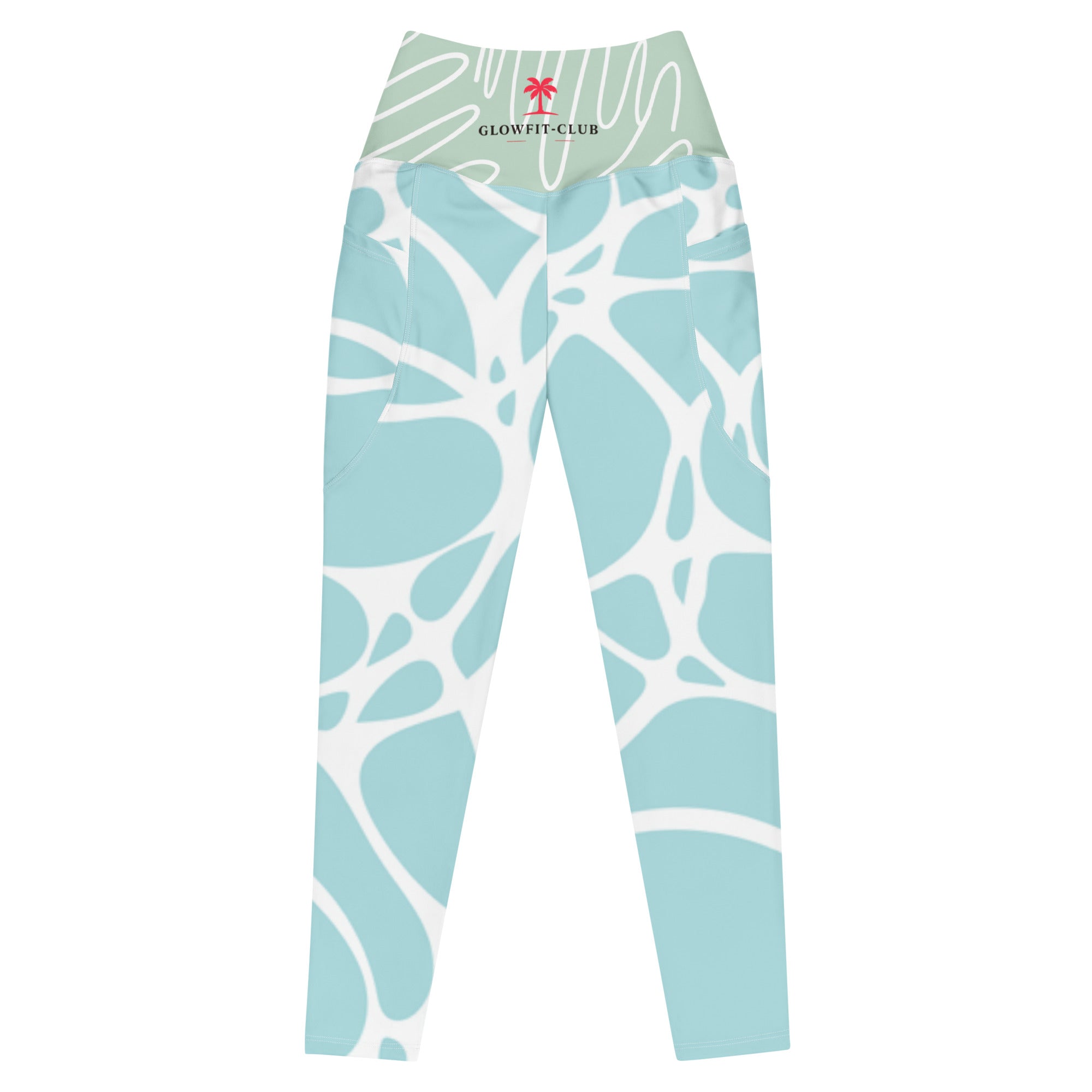 Leggings bleu aqua à motif blanc, jambe ajustée, taille haute pour le maintien.