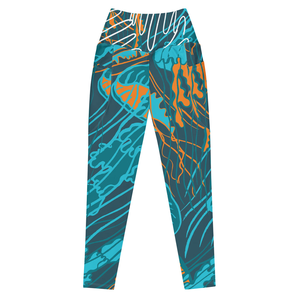 Leggings taille haute à poches latérales, motif bleu turquoise et orange