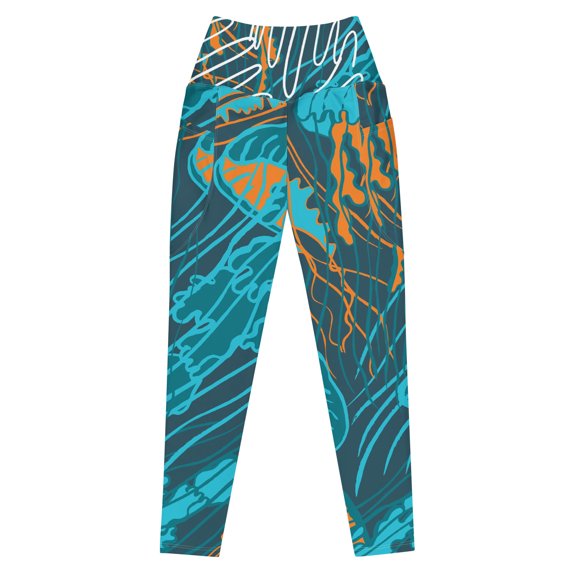 Leggings taille haute à poches latérales, motif bleu turquoise et orange