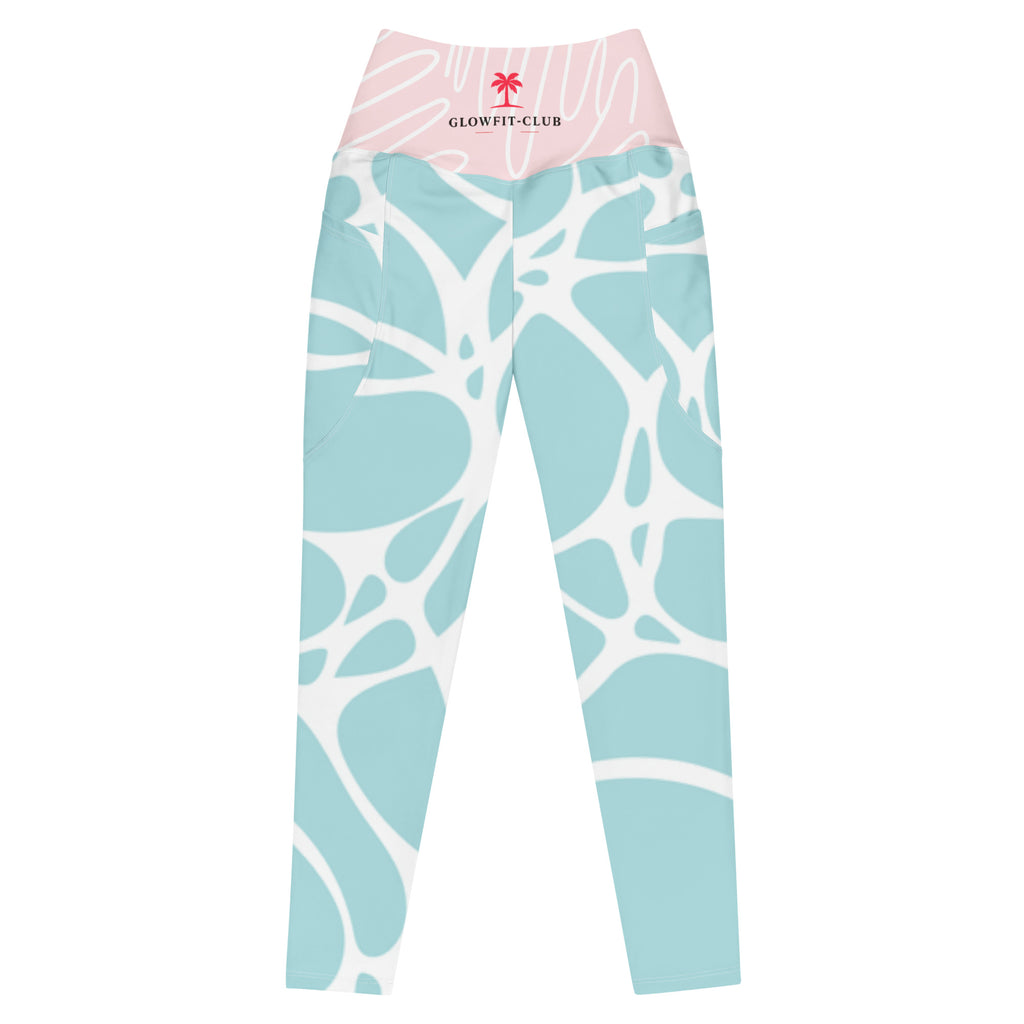 Leggings AQUA PINK turquoise à motif abstrait blanc, logo sur ceinture rose