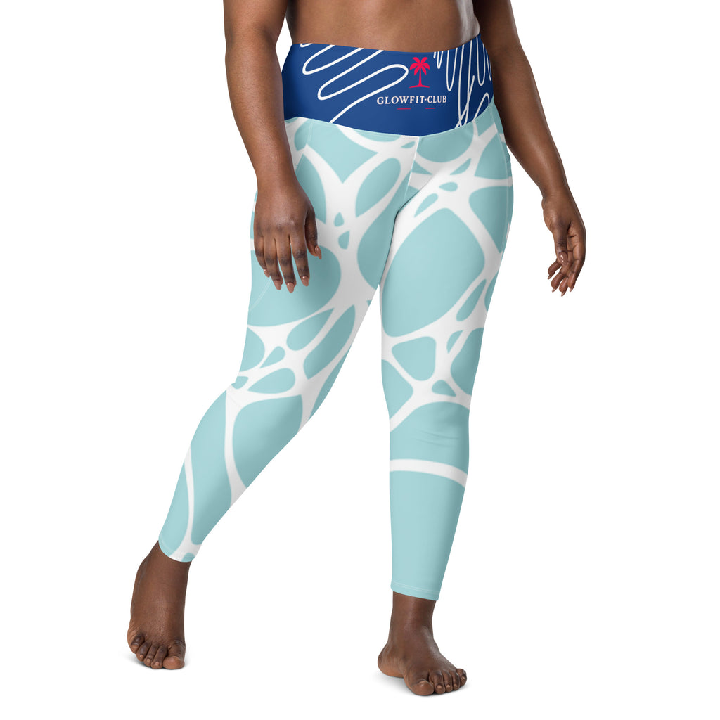Leggings aqua bleu à poches, gros plan ceinture, motif abstrait blanc sur tissu