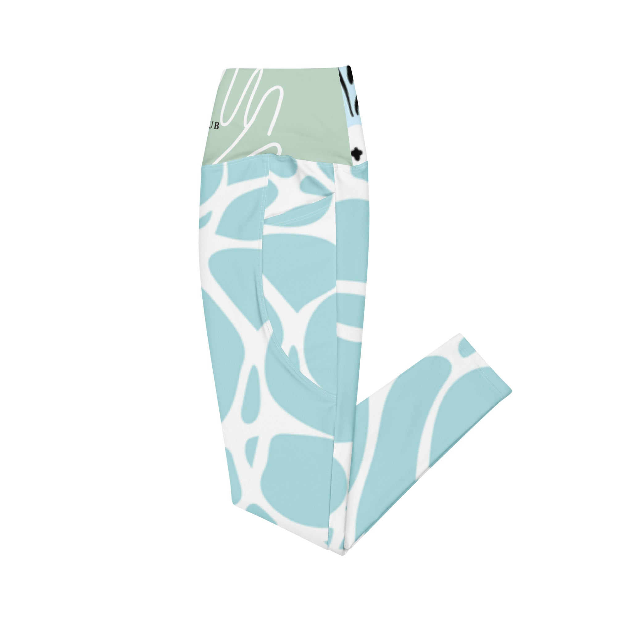 Leggings bleu aqua à motif blanc, coutures marquées et poche latérale intégrée.