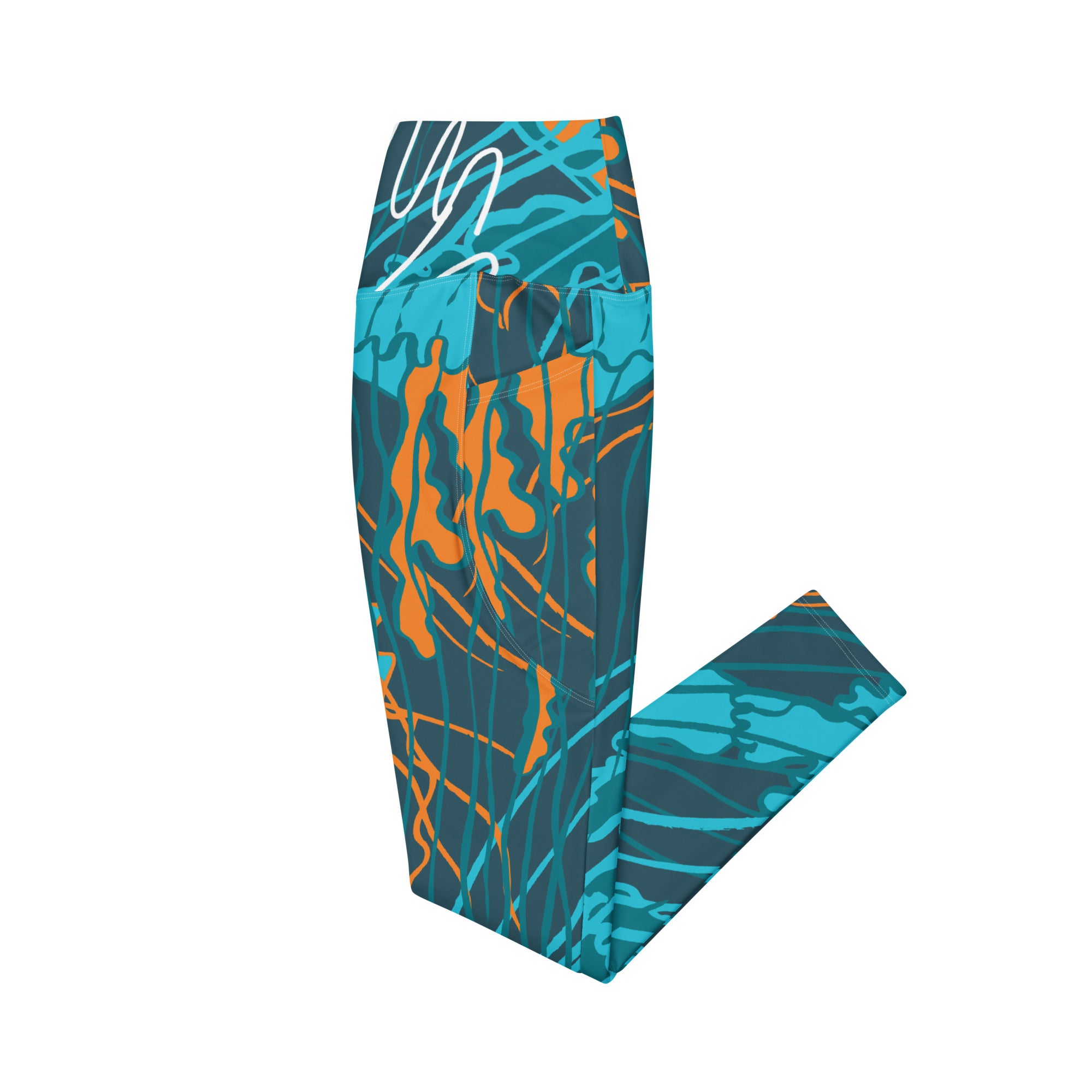 Leggings à poches latérales, motif abstrait bleu turquoise et orange (vue arrière)